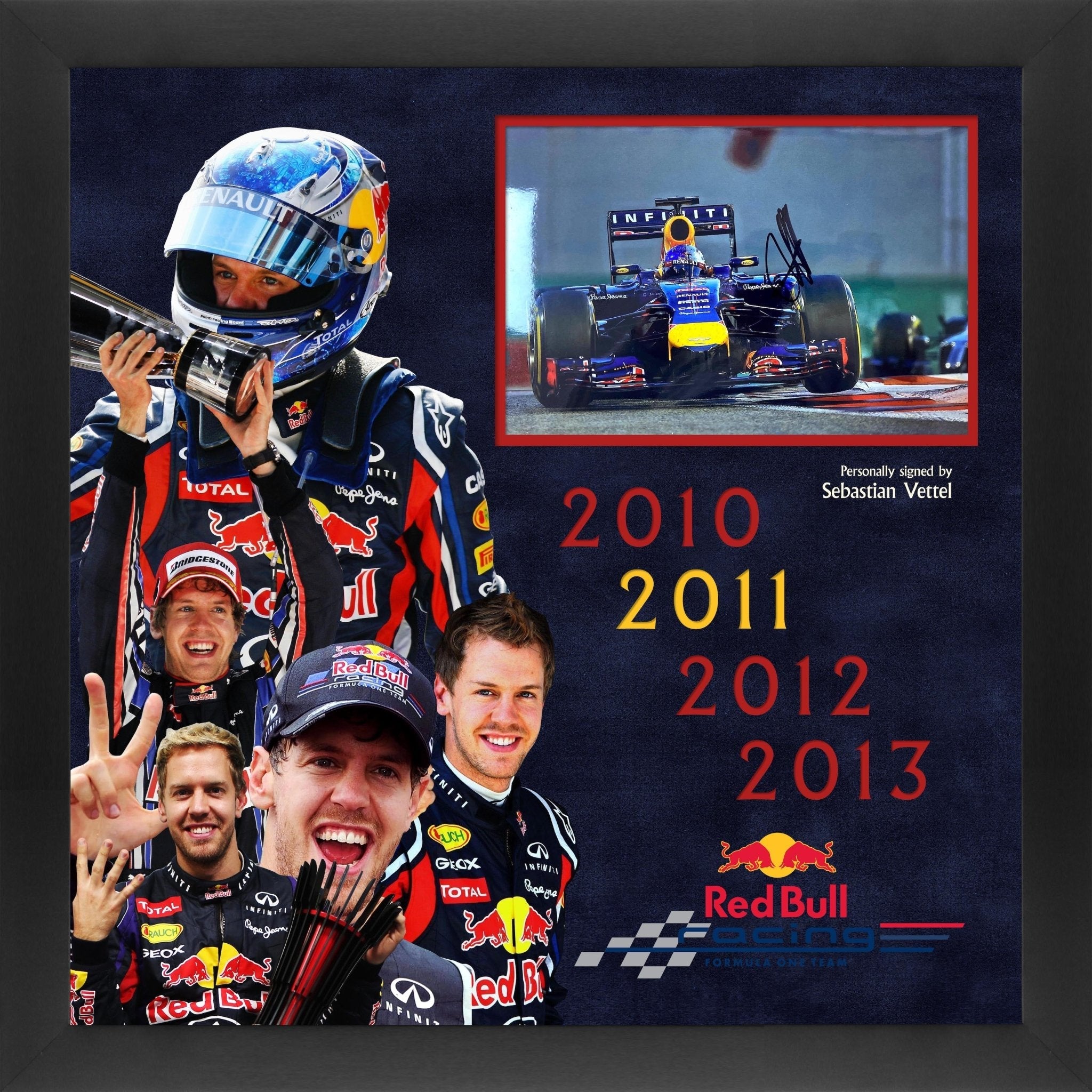 Sebastian Vettel 4 Time Champion Signed Photo Framed Display - Memorabilia Framers Shop